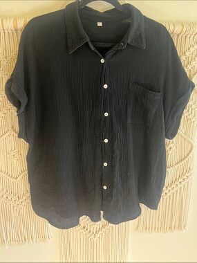 Relaxed Black Button-Front Cotton Gauze Blouse